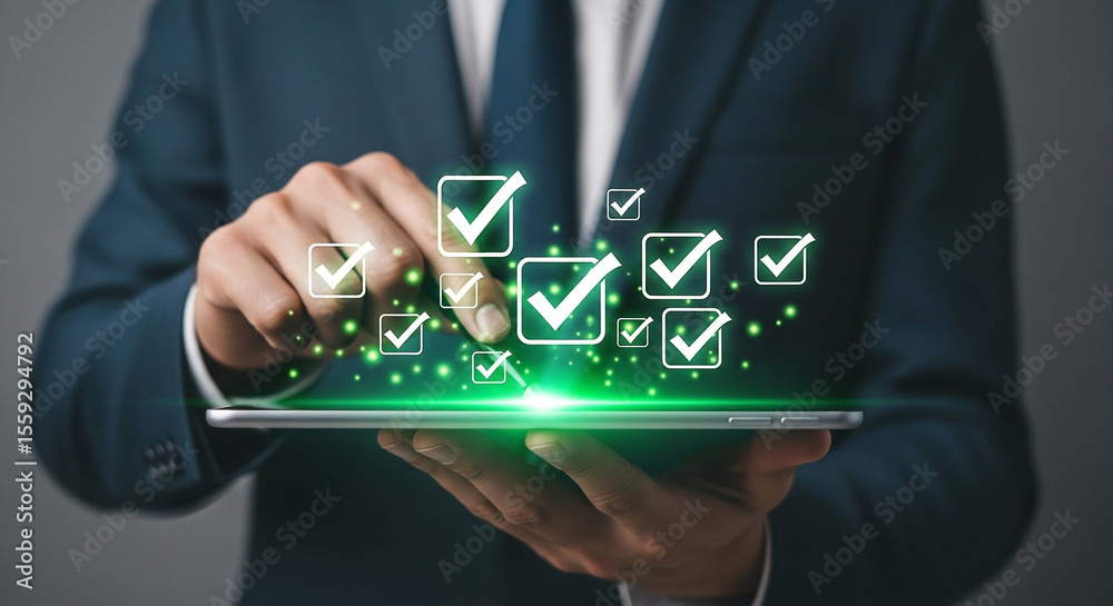 Poster digital checklist app on tablet for task management and productivity in business and project managem