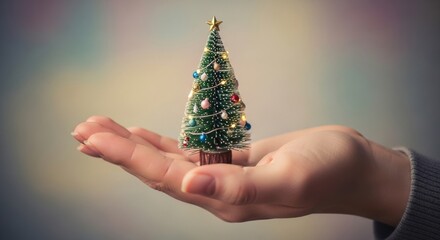 Hand holding a tiny Christmas tree, symbolizing holiday spirit, warmth, and festive giving, Holiday decoration