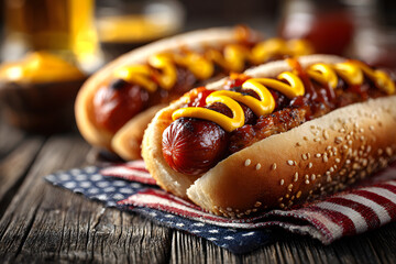 USA national holiday Labor Day, Memorial Day, Flag Day, 4th of July - hot dogs with ketchup and mustard on wood background, copy space