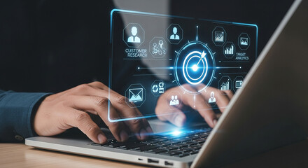 Data analysis and customer research on laptop for target analytics and marketing strategy planning tech
