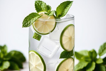 A refreshing beverage in a tall glass filled with ice, lime slices, and fresh mint leaves.