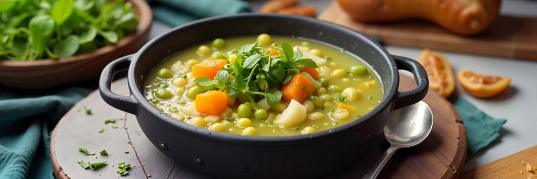 Split pea soup with vegetables in black pot on wooden table  