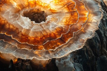 Striking close-up of agate formation with layered brown, white, and crystalline textures, revealing a central cavity.