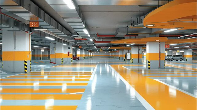 Modern underground parking transition with bright lighting and clear markings in urban setting
