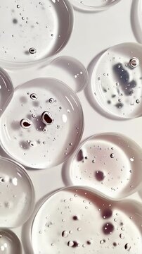 Close-up of transparent gel droplets with air bubbles on a clean white surface, cosmetic ingredients for skin care product or serum formulation