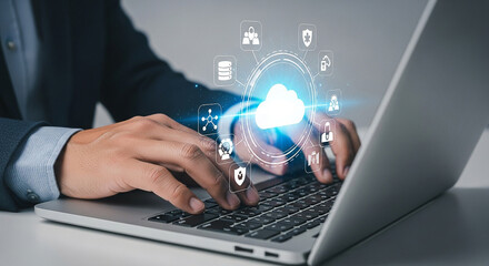 Cloud computing services and data storage solutions for business and personal use on laptop device