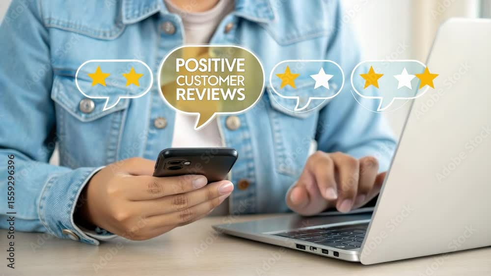 Poster person using phone and laptop with positive customer reviews graphic overlayed on the image shown he