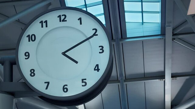4K video of clock inside of an airport terminal, time, hours, minutes, time passing