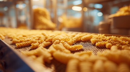 close-up of fusilli pasta on factory conveyor,  food manufacturing and production