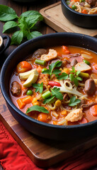 Thai Tom Kha soup with vegetables and meat in black bowl  