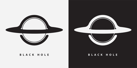 Set of Vector logos or banners with black hole or planet with rings on the theme of space, astronomy, astrophysics and the universe. T-shirt design., tattoo. Not used aI © paseven