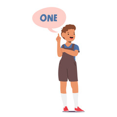 Preschool boy cartoon character counting showing number one by finger isolated on white background