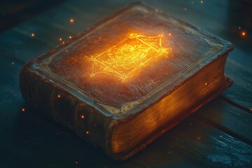 An ancient leather-bound book with a glowing symbol, resting on a dark wooden surface, suggests magic and mystery.