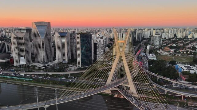 Aerial view of Oct&aacute;vio Frias de Oliveira Bridge and Marginal Pinheiros Avenue - S&atilde;o Paulo, Brazil
