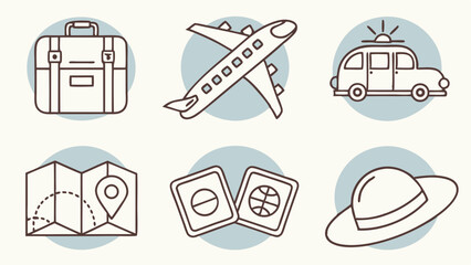 Travel Icons Suitcase Airplane Car Map Tickets and Hat.