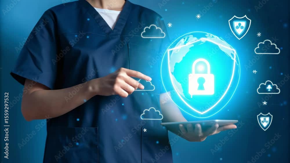 Poster woman in scrubs pointing at digital padlock on globe with cloud and shield icons on blue background