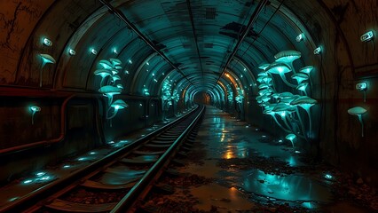 Surreal Underground Tunnel with Glowing Mushrooms and Rail Tracks, Creating an Eerie and Enchanting Visual, Suitable for Fantasy Book Covers and Mysterious Interior Decorations.