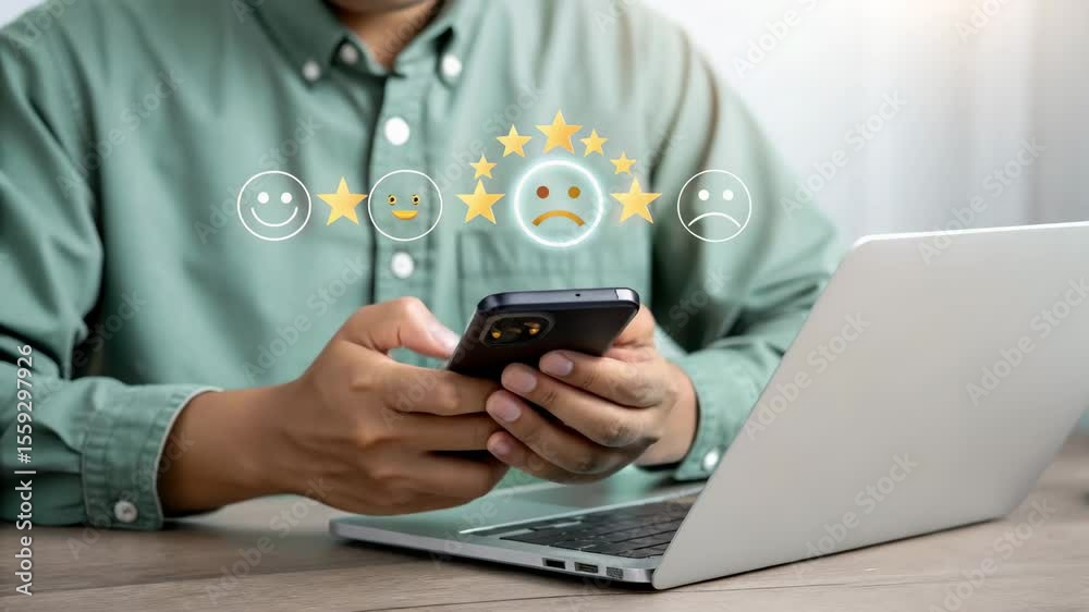 Aufkleber person using smartphone with digital feedback icons and laptop on desk in bright light setting indoo