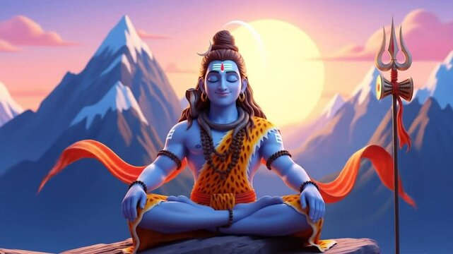 Meditative depiction of a serene lord shiva with trident in mountain sunrise background