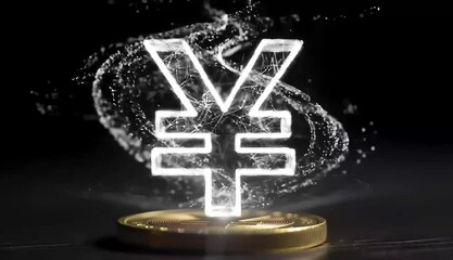 Luminous currency symbol shimmers above golden coin, against a dark backdrop with ethereal particles swirling around the symbol