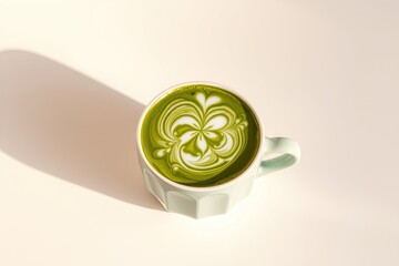 Overhead view of a pale green mug containing matcha latte art;  a swirling, floral design adorns the frothy top; soft light casts a shadow