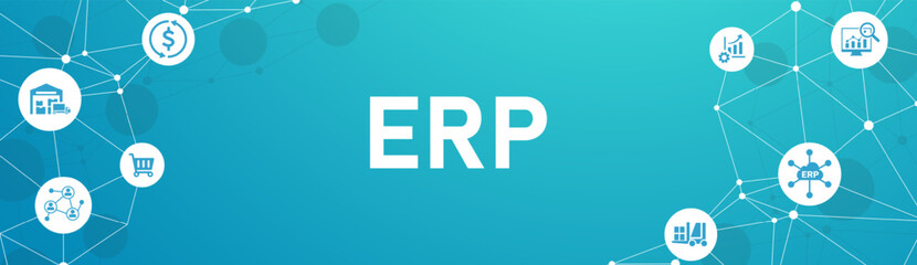 ERP banner. concept for enterprise resource planning with icon of inventory, financials, production, service, purchasing. vector illustration EPS 10.