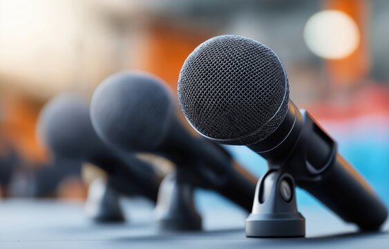 Engaged speakers at a press conference setup for media coverage and official announcements