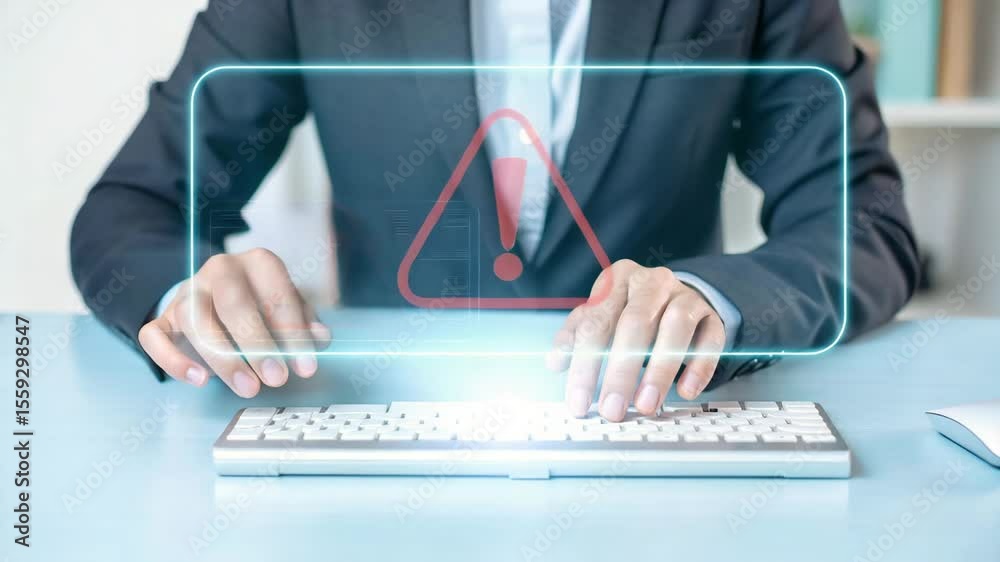Poster Person typing on keyboard with a digital warning sign overlayed on the screen in front of them