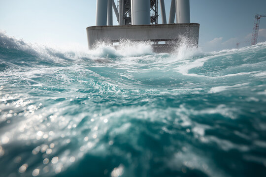 Turbulent ocean waves crash against offshore wind turbine base water white