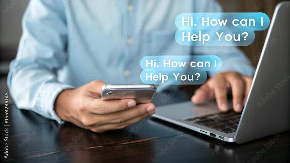 Poster person using phone and laptop with a chat bubble that says hi how can i help you visible on screen