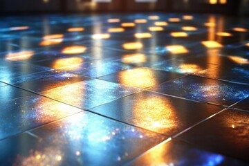 Glistening tiled floor reflecting vibrant golden and blue lights, creating a mesmerizing abstract pattern with a futuristic ambiance.