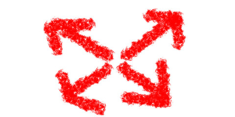 Four red scribble arrows pointing in outward directions in crayon hand-drawn style isolated on white background, abstract directional elements for infographic, design UI, or visual highlight use

