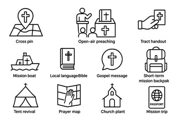 Icons of christian mission activities and evangelism essentials