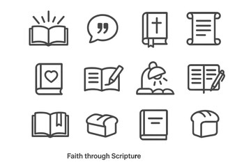 Inspirational icons representing faith, scripture, and study themes