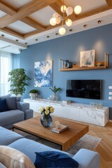 Modern blue-toned living room featuring a cozy sofa and wooden furniture