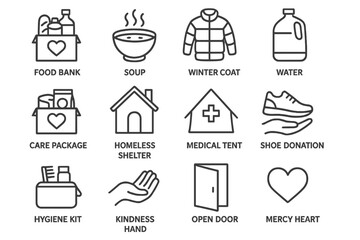 Charity symbols including food bank, shelter, and medical tent icons