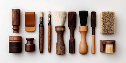 Collection of wooden grooming brushes and accessories on a white background