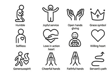 Illustrated symbols of humble service and generosity in heart and hands