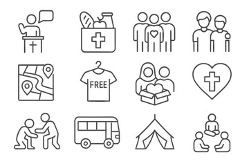Fototapeta premium Humanitarian aid icons with figures, boxes, maps, and bus