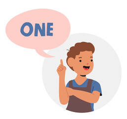 Happy joyful kid preschool boy cartoon character counting one round portrait with text speech bubble