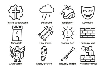 Spiritual symbols: cross, cloud, apple, mask, castle, arrows, bell, wall