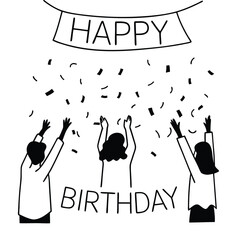 Fototapeta premium Three Silhouettes Celebrating Birthday Confetti Black White Illustration Happy Birthday Banner