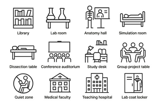 Educational facility icons for medical and scientific study environments