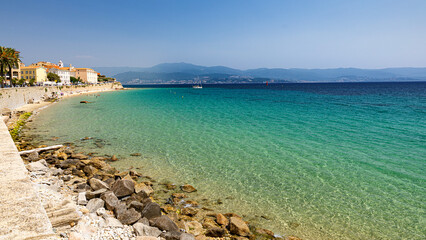 Ajaccio coastline and beach and sanguinaires archipel in Corsica mediterranean sea