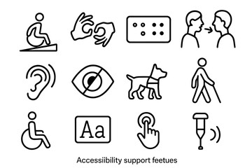 Black icons representing various accessibility features and support methods