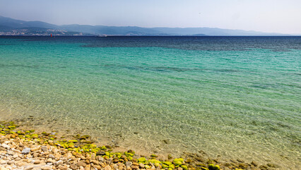 Ajaccio coastline and beach and sanguinaires archipel in Corsica mediterranean sea