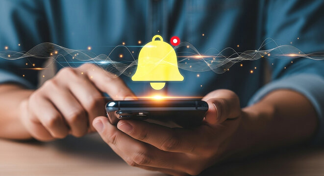 Notification bell alert reminder message digital communication mobile phone app service technology online social media - Powered by Adobe