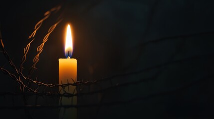 Naklejka premium Candlelight symbolizes hope amidst darkness with barbed wire backdrop at night