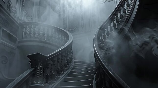 Haunted mansion staircase with fog spooky scene gothic architecture dark mystery and horror background