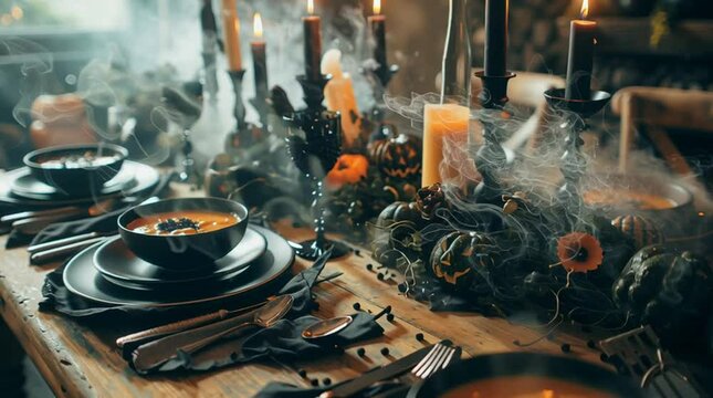 Halloween dinner party ideas: spooky table setting with pumpkin soup and candle decorations